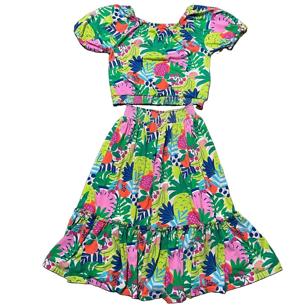 Mini Boden Two Piece Skirt Set Size 13-14 Y Multi Tropical Fruit 100% Cotton EUC